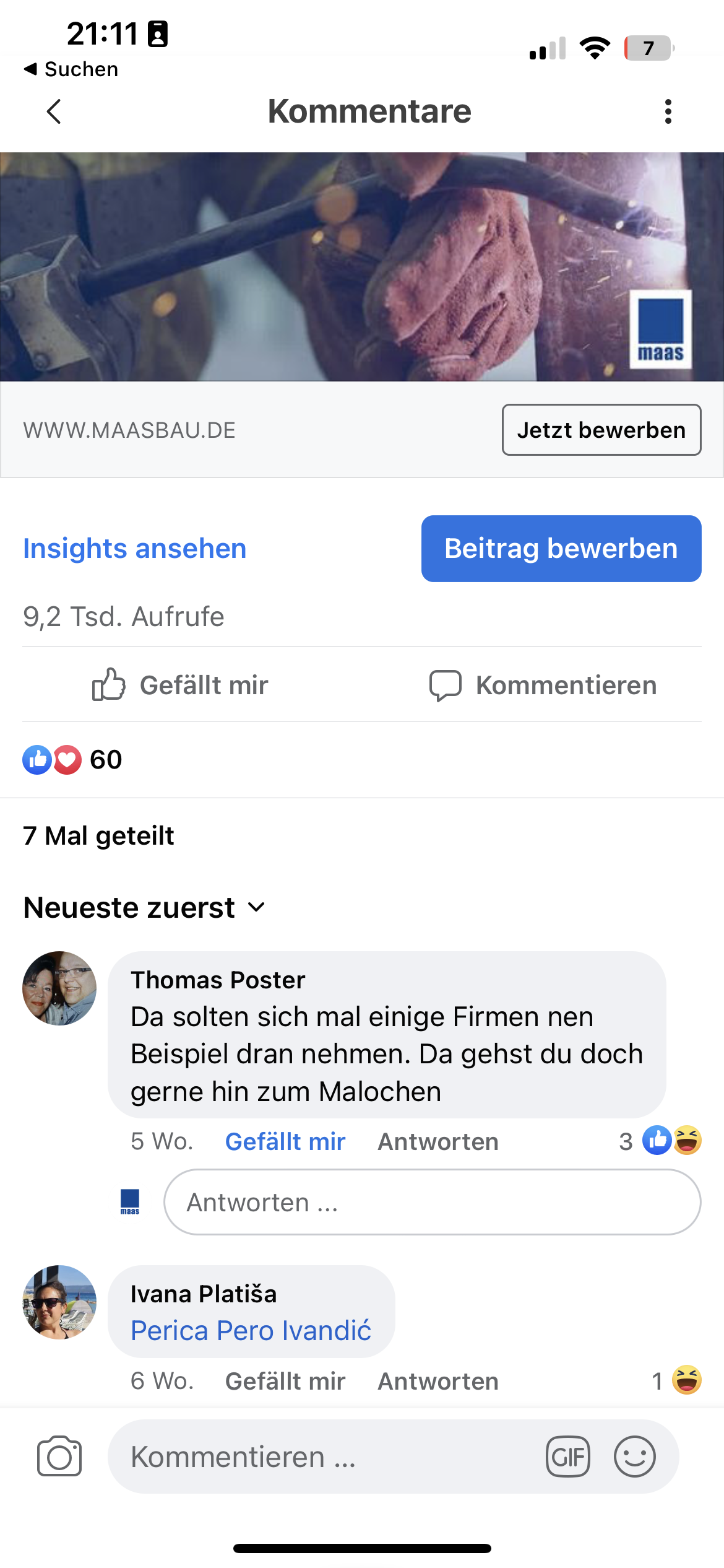 Screenshot der Kommentare, welche Reaktionen auf den Inhalt zeigen, welcher von der twoseconds Werbeagentur produziert wurde.