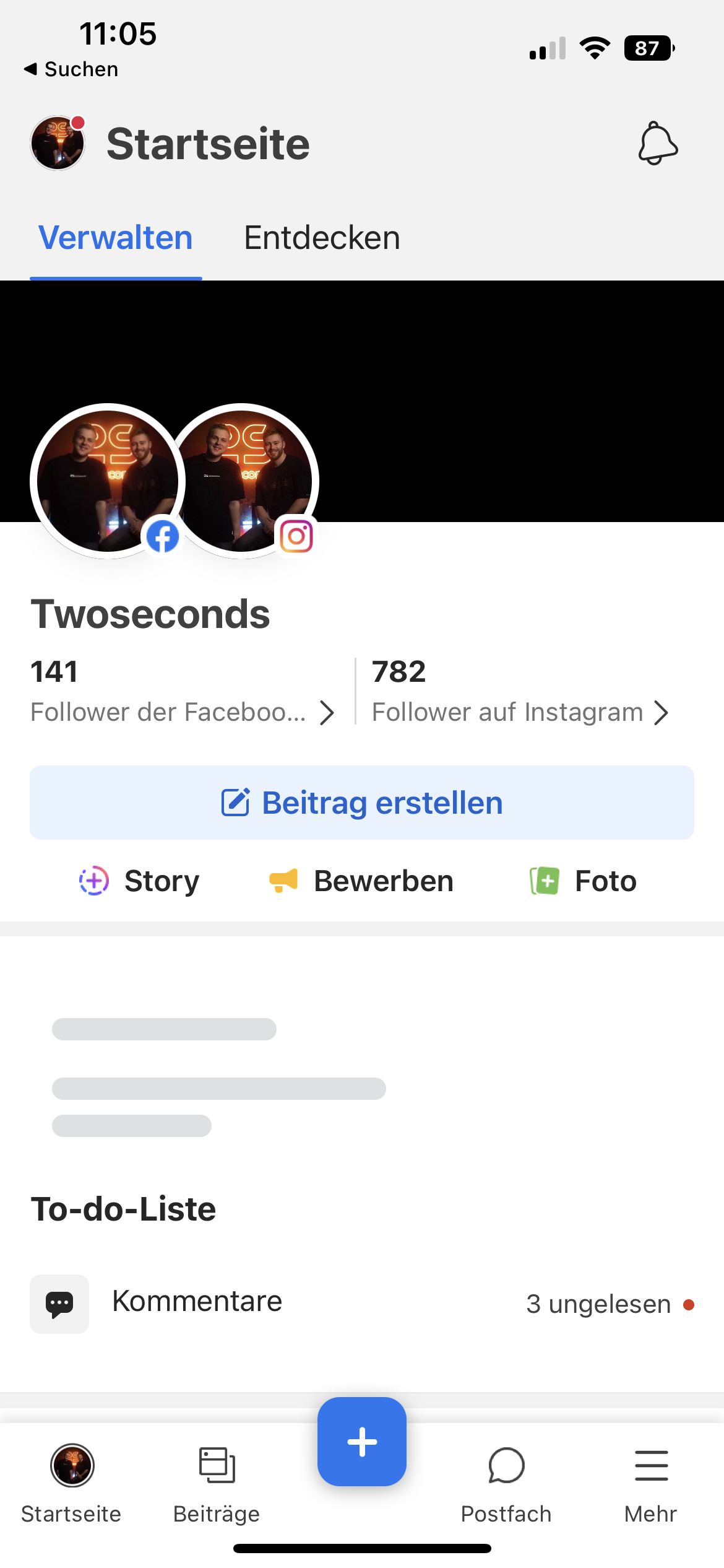 Social-Media-Plattform Facebook, Account der Werbeagentur twoseconds